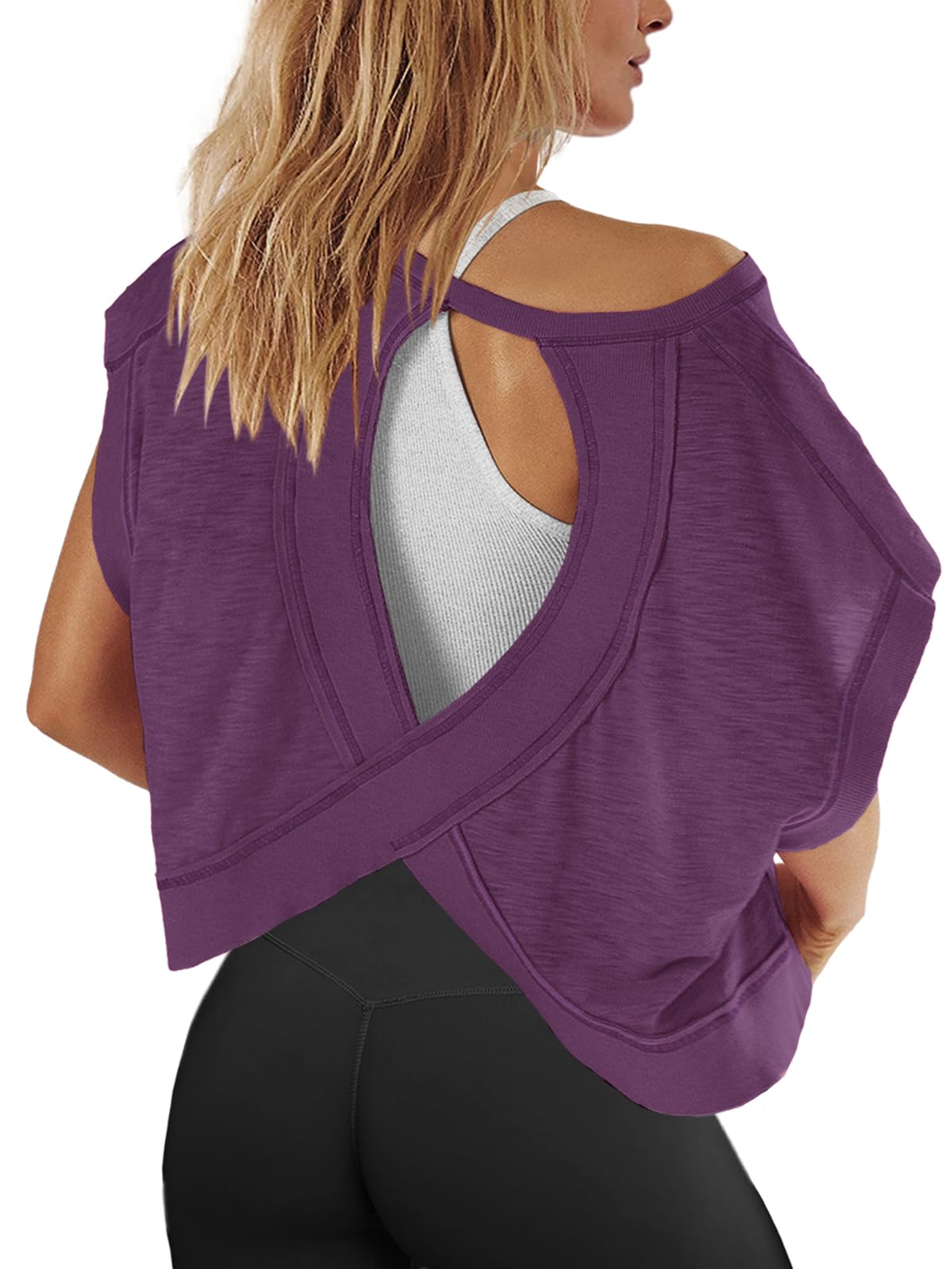 Photo 1 of Panadila Womens Oversized Tshirts Open Back Workout Top Athletic Shirts Short Sleeve Crop Tops Gym Yoga Tee (Dark Purple,S)