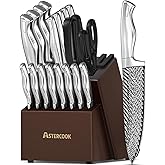 Knife Set, Astercook 21 Pieces Kitchen Knife Set with Built-in Sharpener, German Stainless Steel Knife Block Set, Razor-Sharp Knives with Full-tang Handle, Dishwasher Safe, Silver