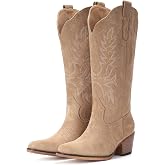 IUV Suede Cowboy Boots for Women Mid Calf Western Cowgirl Boots | Retro Embroidered Snip Toe Chunky Heel Western Boot for Country Concert Music Festival Cowboy Chic