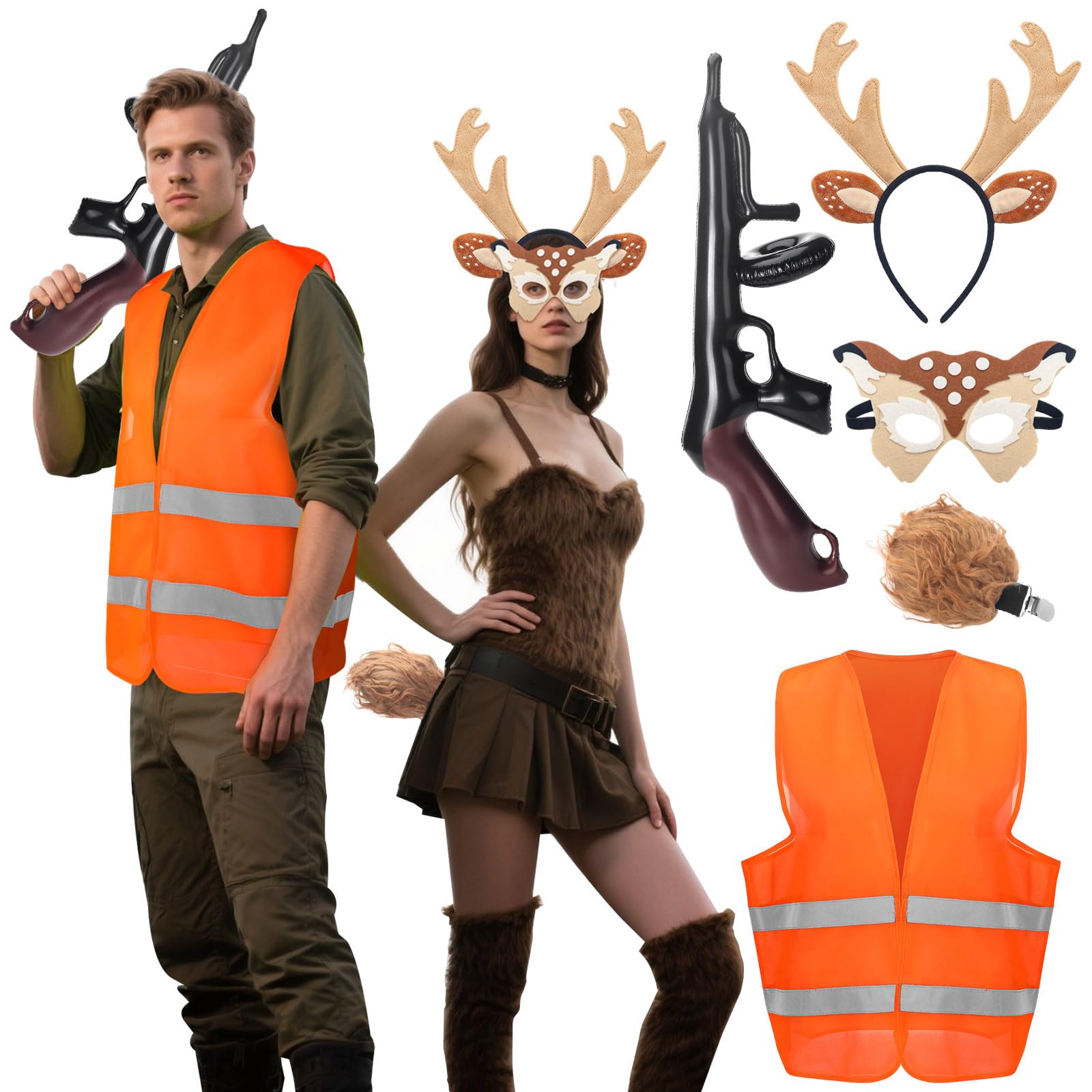 Photo 1 of 5 Pcs Halloween Couple Costumes Deer and Hunter Costume Set Accessories Include Deer Antlers Headband Mask Tail Hunter Clothing for Adult Cosplay Theme Party Supplies Multicolor