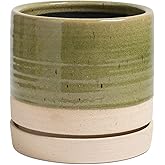 HERDUK 6 Inch Plant Pots, Ceramic Planter Pot with Drainage Hole & Saucer, Indoor/Outdoor Cylinder Round Planter Pot, Green & Beige