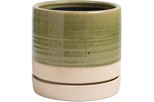 HERDUK 6 Inch Plant Pots, Ceramic Planter Pot with Drainage Hole & Saucer, Indoor/Outdoor Cylinder Round Planter Pot, Green & Beige