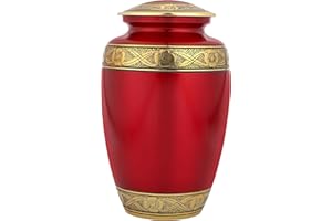 Handcrafted Metal Cremation Urn for Adults - Elegant, Durable Funeral & Memorial Urn for Ashes, Decorative Urn with Secure Threaded Lid, Spacious, Timeless Design 11" (Red & Gold) - CLEENTABLE