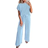 KIRUNDO 2 Piece Sets for Women Dressy Casual Ribbed Knit Short Sleeve Tops Wide Leg Pants Lounge Set Travel Airport Outfits
