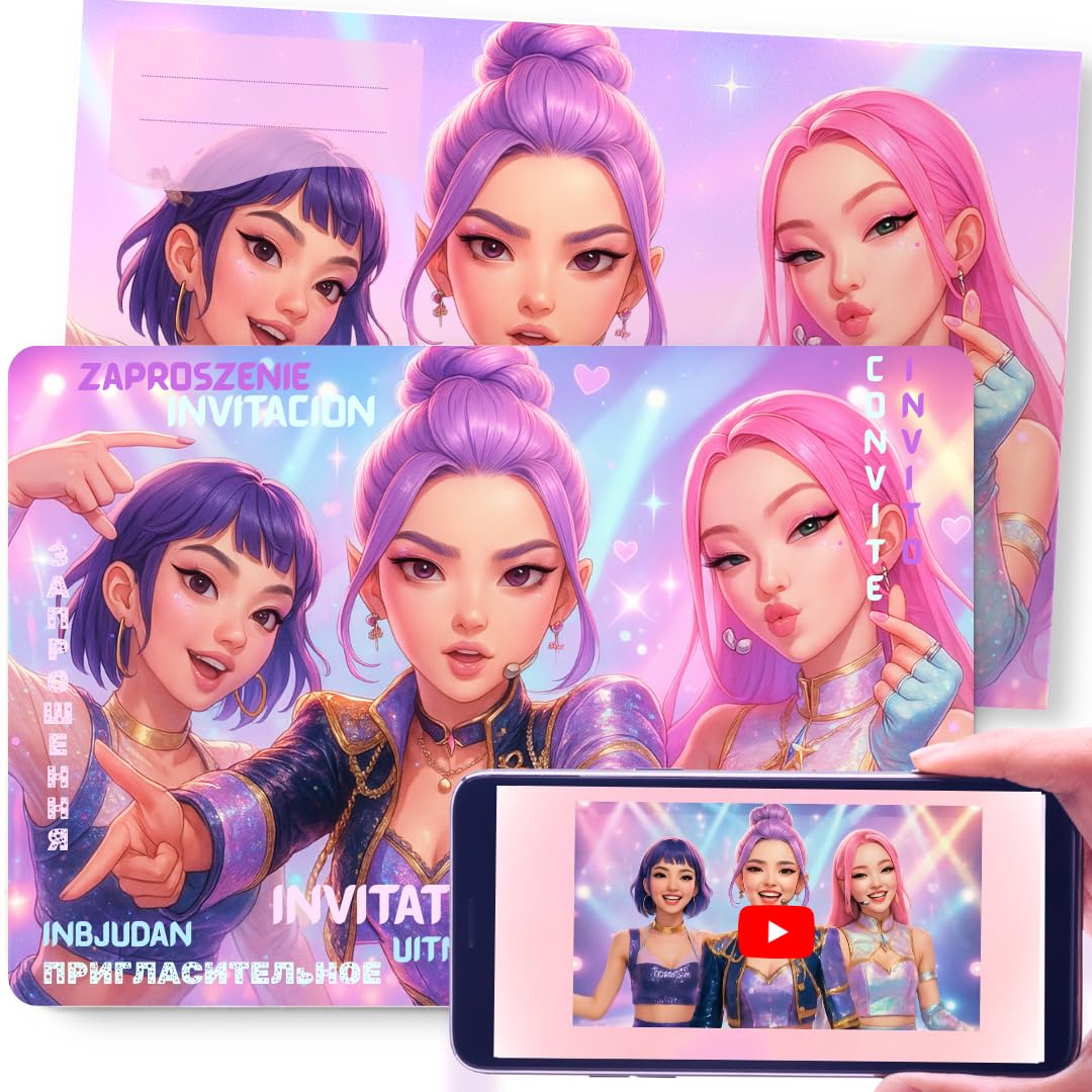 WOW Effect K-Pop Birthday Party Invitation Cards with AR Video Animation (Augmented Reality)-Magical Interactive Birthday Invitations for Kids, Boys and Girls-12 Pre-Printed Invitations with Envelopes