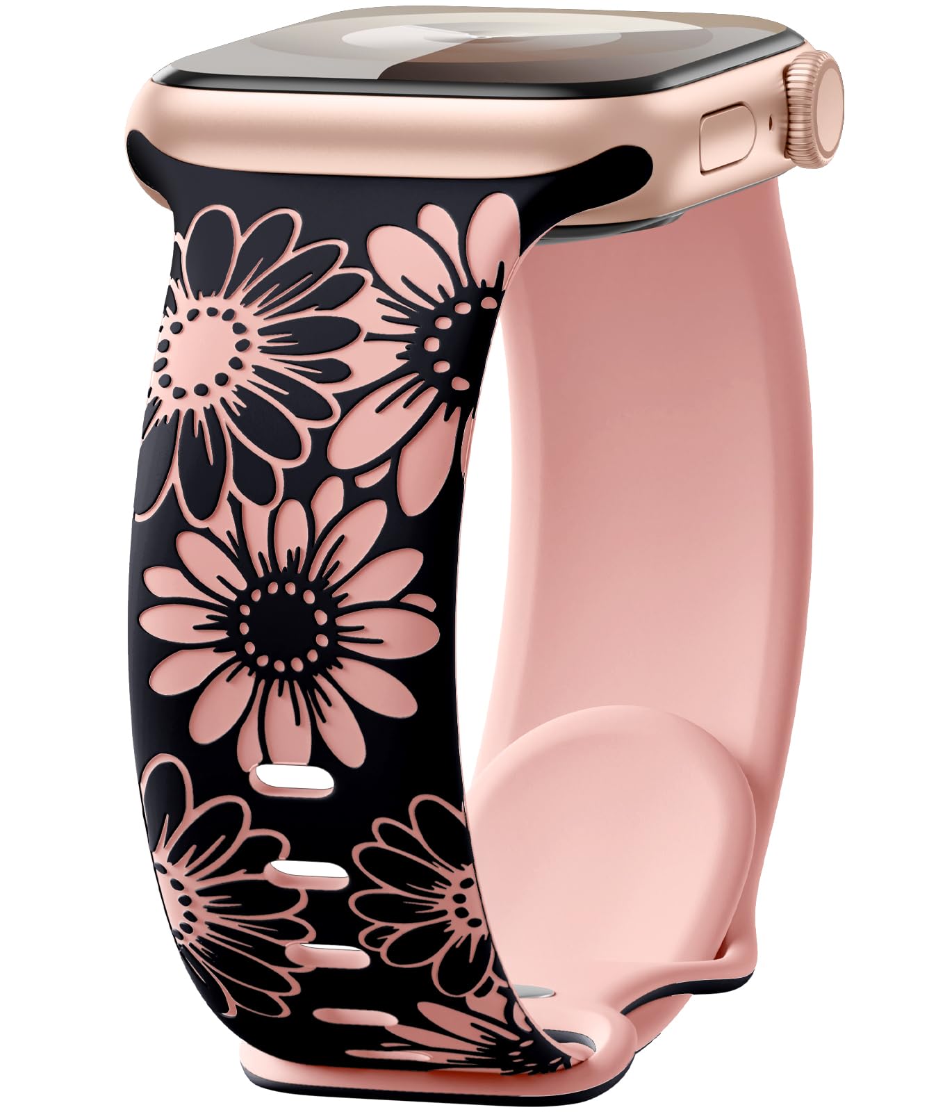 Maledan Floral Engraved Strap Compatible with Apple Watch Straps 45mm 44mm 42mm 46mm 49mm Women, Two-Tone Flower Soft Silicone Sport Band for iWatch SE Series 11 10 9 8 7 6 5 4 3 2 1 Ultra, Black/Pink