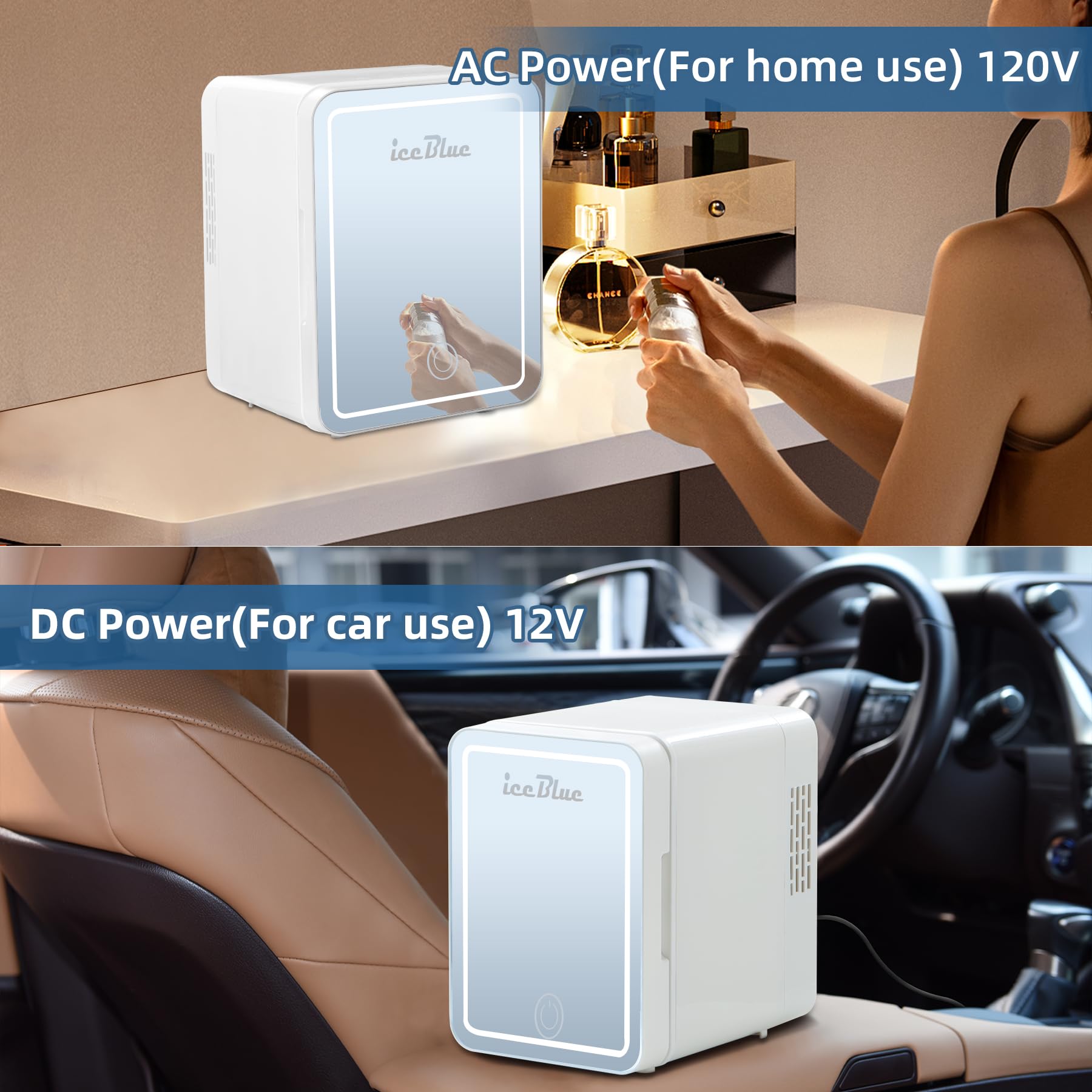 Iceblue Skincare Fridge With Dimmable LED Light Mirror, Mini Beauty Refrigerator, Thermoelectric Cooling Function for Cosmetics and Skincare, AC & DC, 4L- White - Image 3