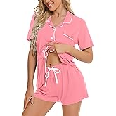 SWOMOG Womens Button Down Pajamas Set Short Sleeve Sleepwear Bride Soft Pj Lounge Sets XS-3XL