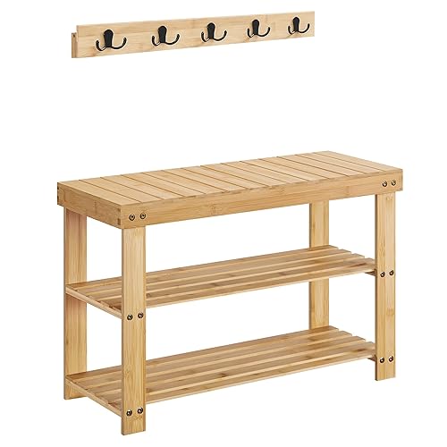 SONGMICS Coat Rack Shoe Bench Set, 3-Tier Bamboo Shoe Rack Bench, Multifunctional, 5 Double Metal Hooks, for Entryway, Hallway, Bedroom, Light Bamboo ULCR004N01