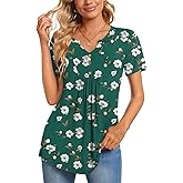 CATHY Womens Short Sleeve Tunic Tops Henley Shirt V Neck Button Up Blouse Casual Pleated Basic Pullover