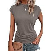 Bliwov Womens Summer Tops Cap Sleeve Crew Neck T Shirts Spring Trendy Fashion Outfits Business Beach Vacation Blouses Clothes Grey