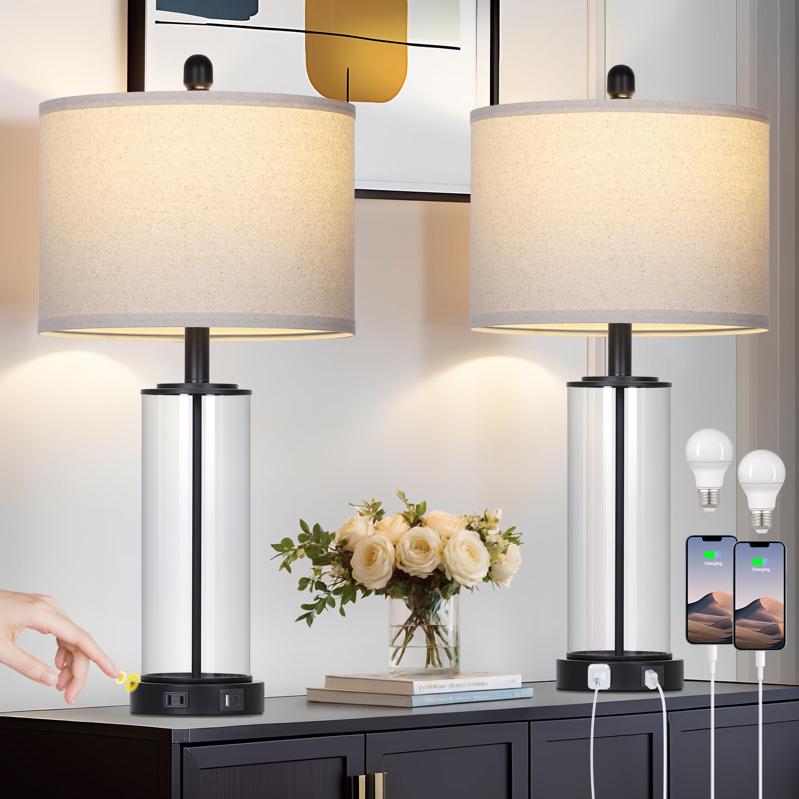 Photo 1 of 26" Black Glass Table Lamps Set of 2, 3-Way Dimmable Touch Control Living Room Lamp with USB C+A Ports & AC Outlet, Modern Bedside Lamps, Elegant Bedroom Lamps for Nightstand Side End Table Desk