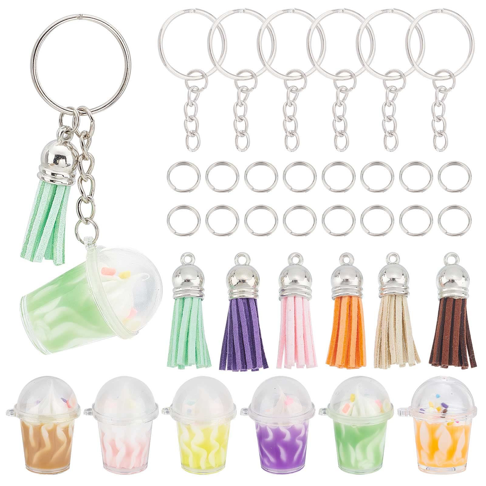 SUNNYCLUE 38Pcs DIY 6 Sets Milk Tea Charms 3D Miniature Ice Cream Charm Bubble Tea Keychain Making Kit Faux Suede Tassels for jewellery Making Key Chains DIY Supplies Key Rings Split Jump Ring Gift