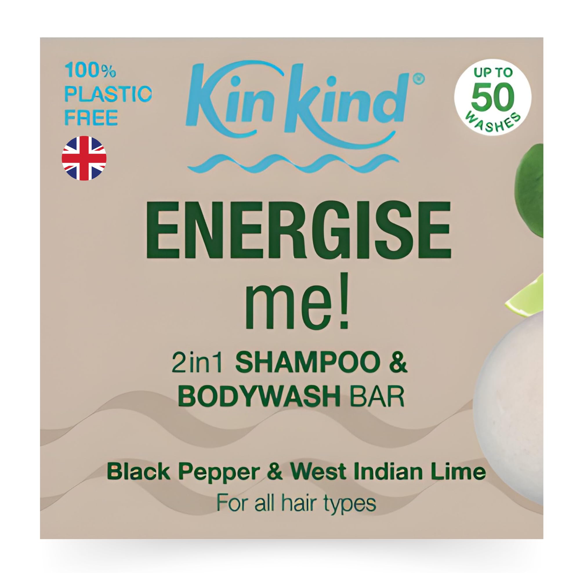 KinKind Mens Shampoo Body Wash & Beard Shampoo Soap Bar. ENERGISE me! 2 in 1 Zesty Lime & Black Pepper for Hair, Beard & Body. Conditioning Coconut Oil Mens Shampoo Bar & Body Wash Soap. UK made