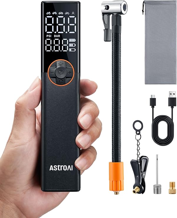 AstroAI Fahrradpumpe Elektrische Luftpumpe, 150PSI Mini Tragbare Akku Fahrradpumpe alle ventile, Hochspannungsmotor Speziell für Fahrrad, Wiederaufladbare für Stadtrad, Rennrad, Mountainbike