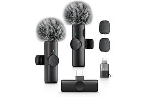 Wireless Lavalier Microphone for iPhone iPad and Android Phone, 2 Pack Lapel Mic with Noise Reduction, Plug and Play Wireless