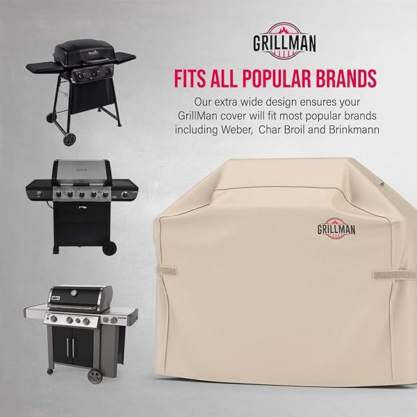 GRILL COVER BY GRILLMAN, TAN, 64 INCH, BBQ OUTDOOR GRILL COVERS, CHARCOAL & GAS GRILLS, WATERPROOF, RIP-PROOF, WEATHER-RESISTANT, ANTI-UV, BARBECUE COVER FOR WEBER, GENESIS, CHARBROIL, NEXGRILL, ETC
