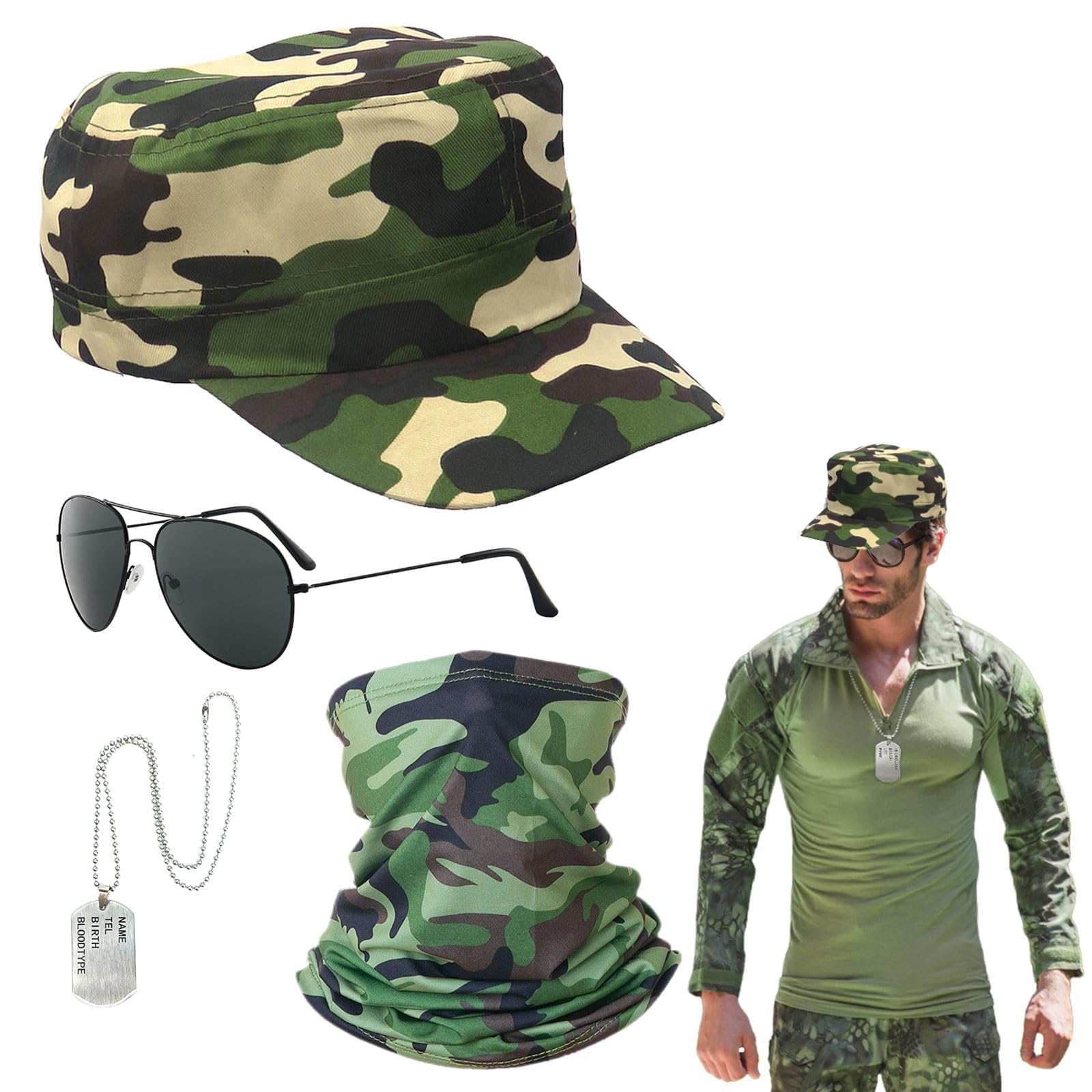 EUPSIIU 4 Pieces Army Camouflage Fancy Dress Set Solider Military Cosplay Costume Pilot Aviators With Hat Camouflage Neck Warmer Sunglasses Dog Tag for Adults Party Dress up Halloween (Army)