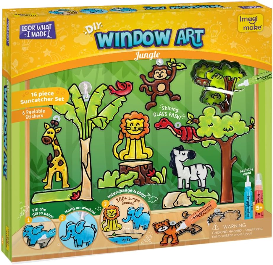 Imagimake Window Art Jungle 16-Piece Glass Paint & Suncatcher Kit