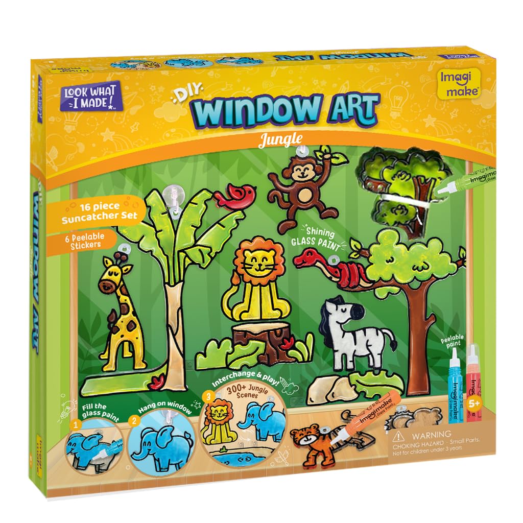 Imagimake Window Art Jungle | 16-Piece Glass Paint & Suncatcher Kit | Craft & Discover Animals | 5 Year Old Boy Gifts | Birthday Gifts for Boys & Girls Ages 5,6,7,8,9,10,11,12 | Easter Gifts for Kids
