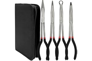 MFBJXC 4 Pack 11" Long Nose Pliers Set with Portable Bag,Insulated Grip Handles-Straight Long Needle Nose Pliers,45/90 Degree Angle Curved Pliers,Circle Pliers for Wire Bending,Shaping,Trimming