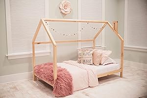 CUSTOM KIDS FURNITURE Lucy Twin House Bed, Raised Montessori Bed with 6 inch Legs, Wooden Twin Bed for Kids and Toddlers (Kids House Twin Bed Frame)-Natural