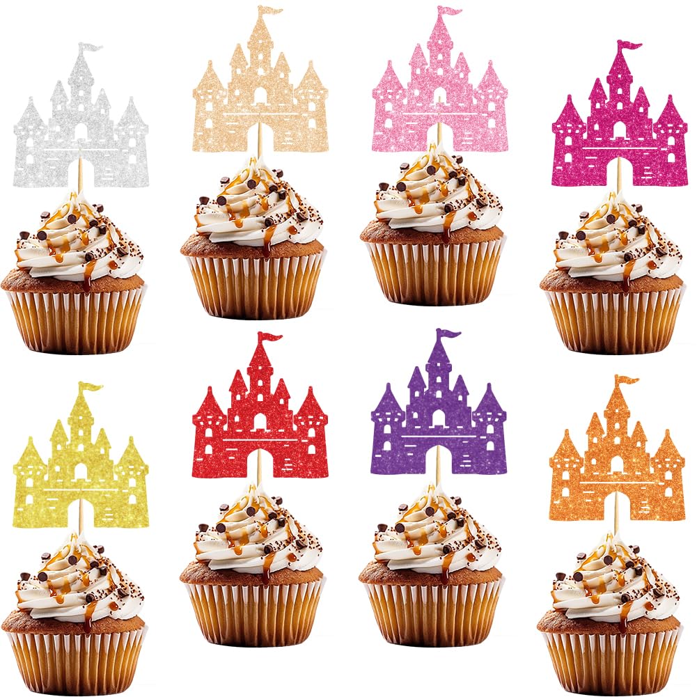 PRESSINART 24Pcs 8 Colors Castle Cupcake Toppers Princess 2.8 x 2.6 Inch Colorful Cake Topper Castle Theme Glitter Paper Cake Decoration with Bamboo Stick for Wedding Birthday Party Decor Supplies