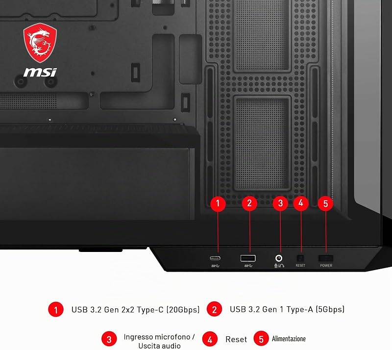 MAG PANO M100L PZ Case Micro‑ATX – Supporto Micro‑ATX, Stand per GPU, Indicatore di Livello, Filtri Antipolvere, 33 mm di Spazio per il Cable Routing, USB Type-C (20 Gbps) (Senza ventole)