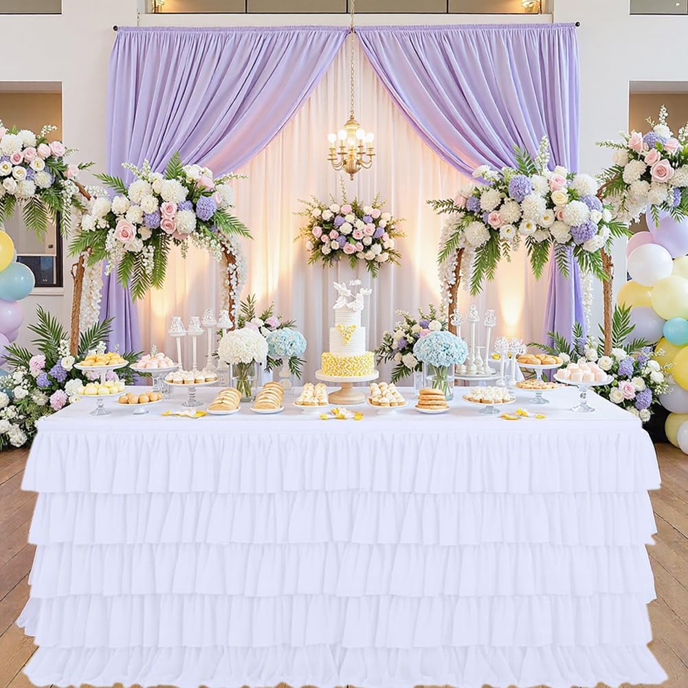 CREATCABIN 6FT White Table Skirts Tulle Desk Skirts Rectangular Tables Desk Skirt Ruffle Tablecloth Cover Tutu Decorations Polyester with Adhesive Tape for Birthday Party Banquets Cake Dessert