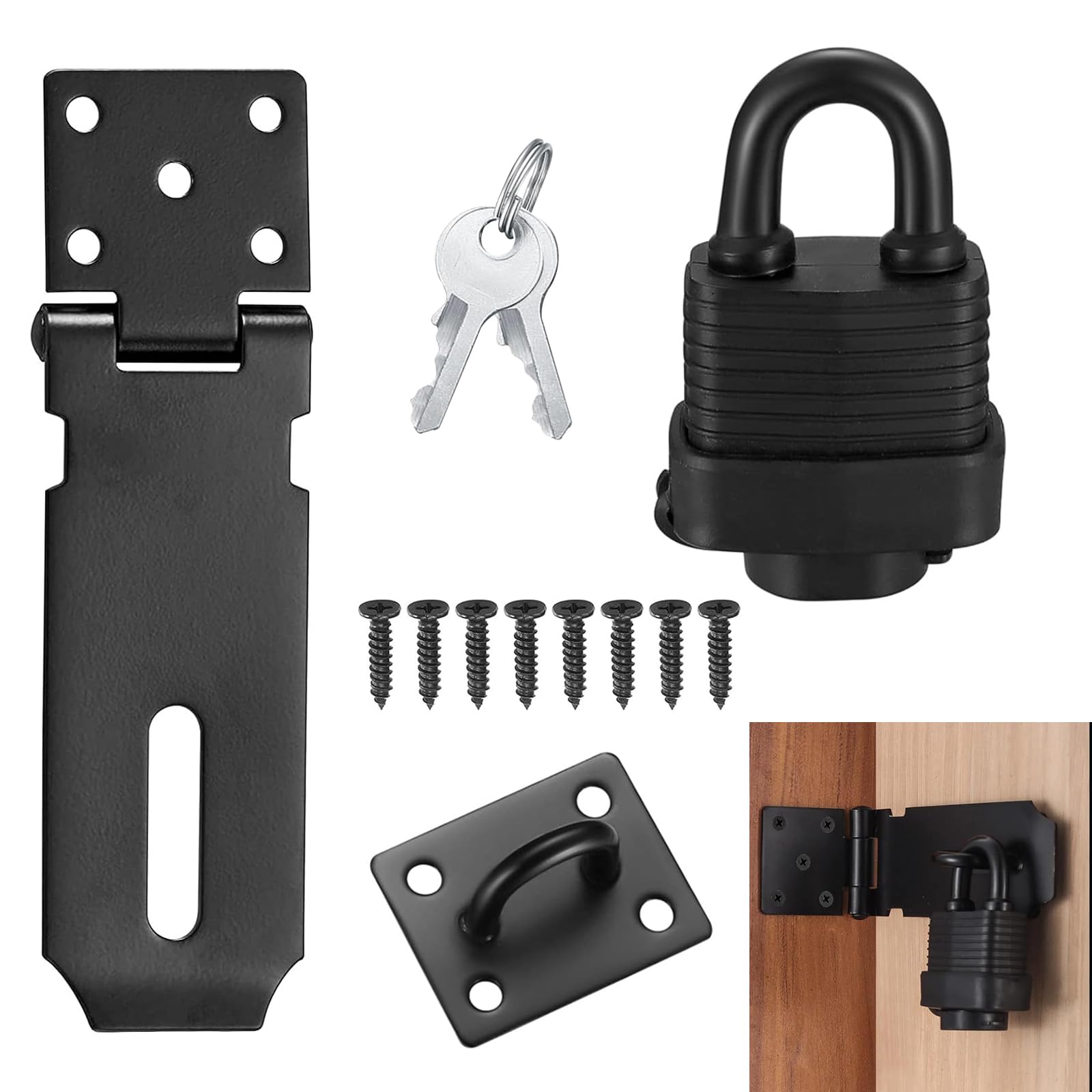 Stainless Steel Door Latch Hasp ＆ Padlock with Screws, 4 Inch Heavy Duty Padlock Hasp and Latch Staple, Waterproof Door Clasp Shed Lock Latch Staple
