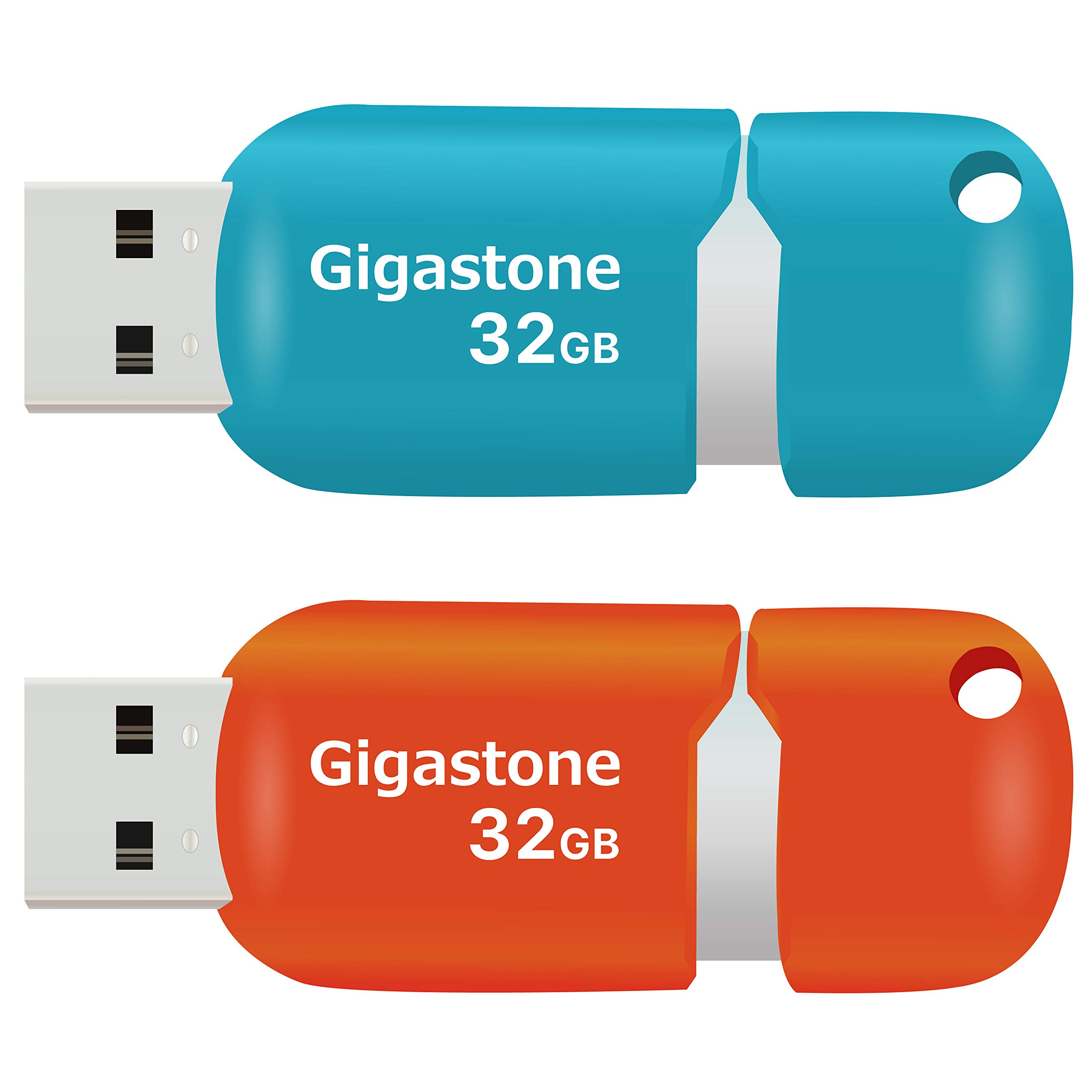GIGASTONE 32GB 2-Pack V10 USB 2.0 Flash Drive Thumb Drive Memory Stick Pen Drive Capless Retractable Design (Blue&Orange)