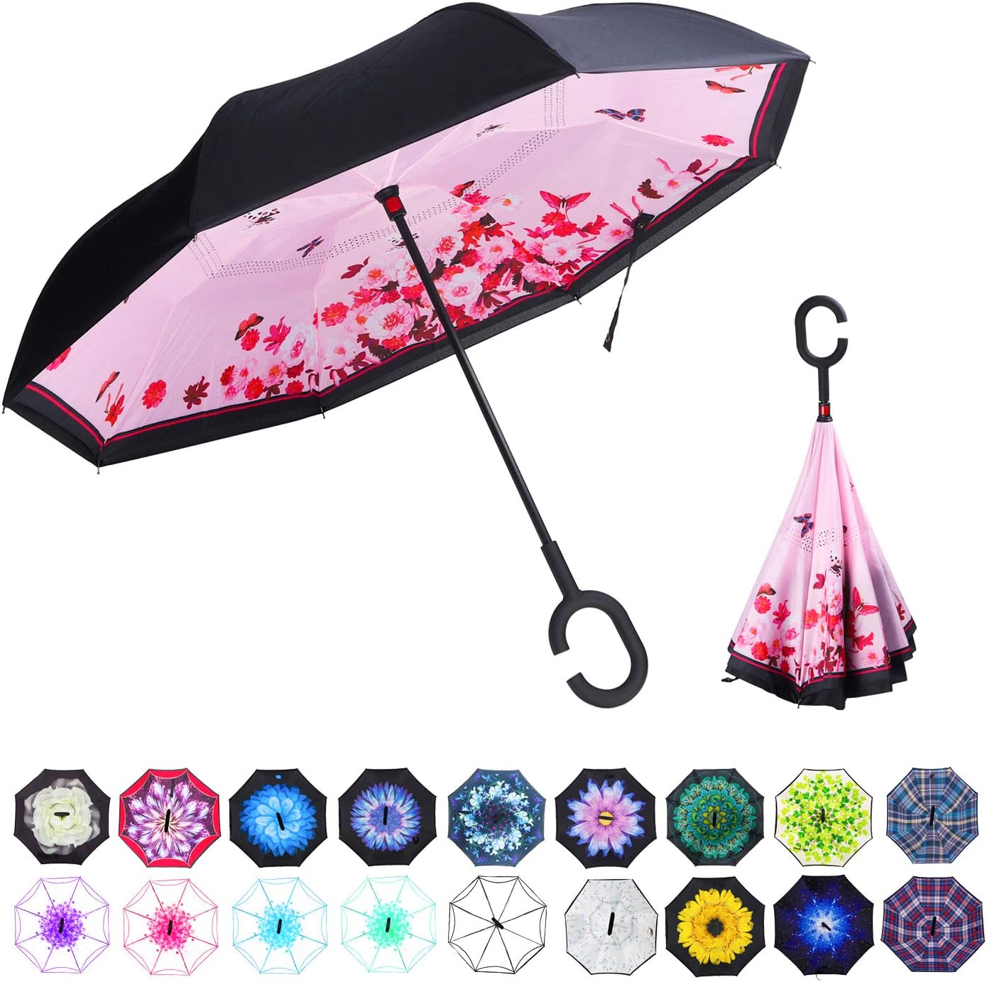 Double Layer Inverted Umbrella Cars Reverse Umbrella, Windproof UV Protection Big Straight Umbrella for Car Rain Outdoor with C-Shaped Handle