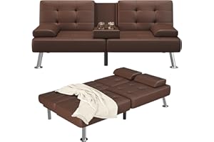 Furmax Futon Sofa Bed Adjustable Futon Couch Sleeper Sofa Bed for Living Room, Business Office, Recliner Sofas with Cup Holders (PU Leather, Brown)
