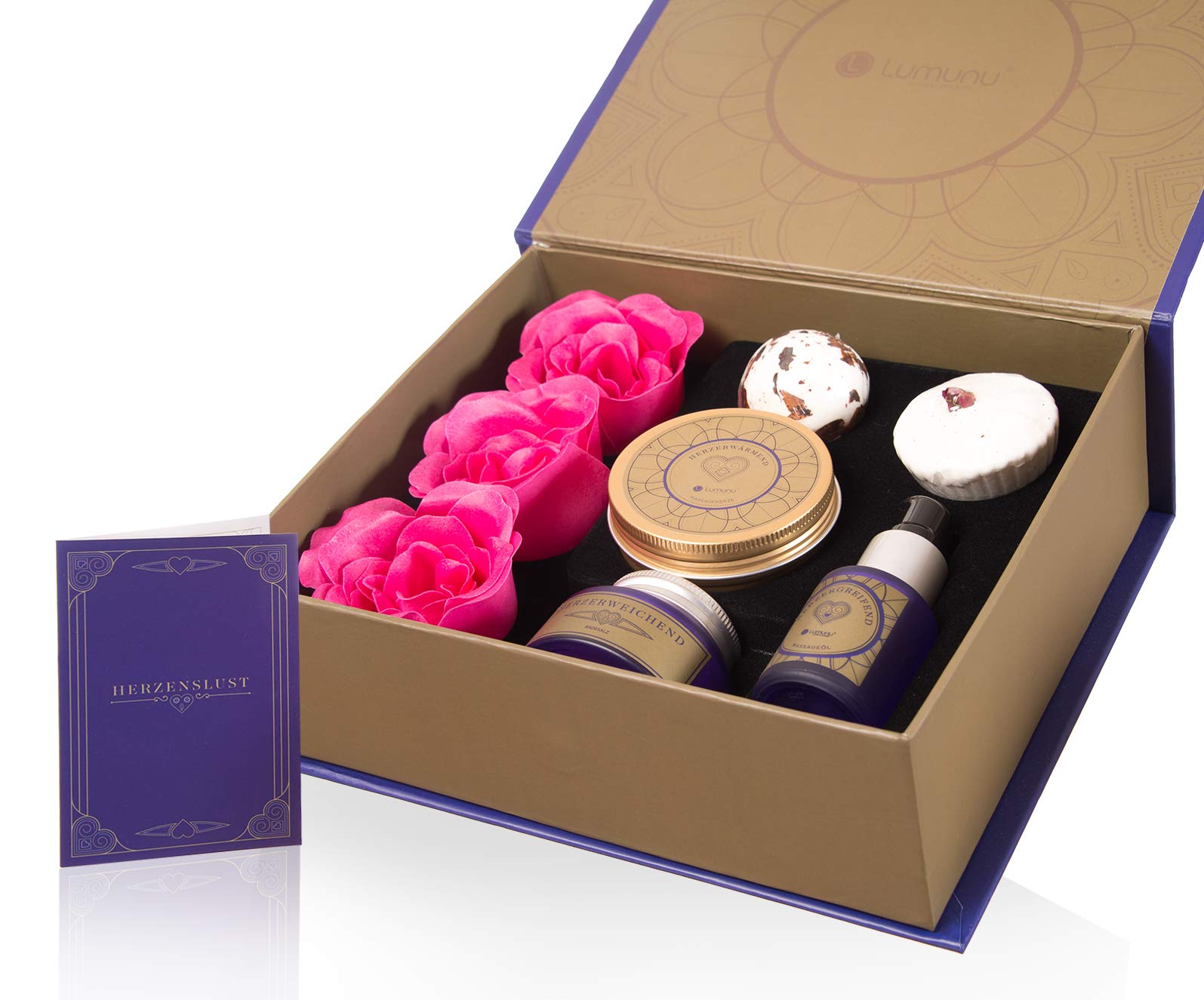 Deluxe Valentins Badeset (8 Teile) Herzenslust, Valentinstag Wellness Geschenkset mit pflegenden Bade & Massagezubehör,