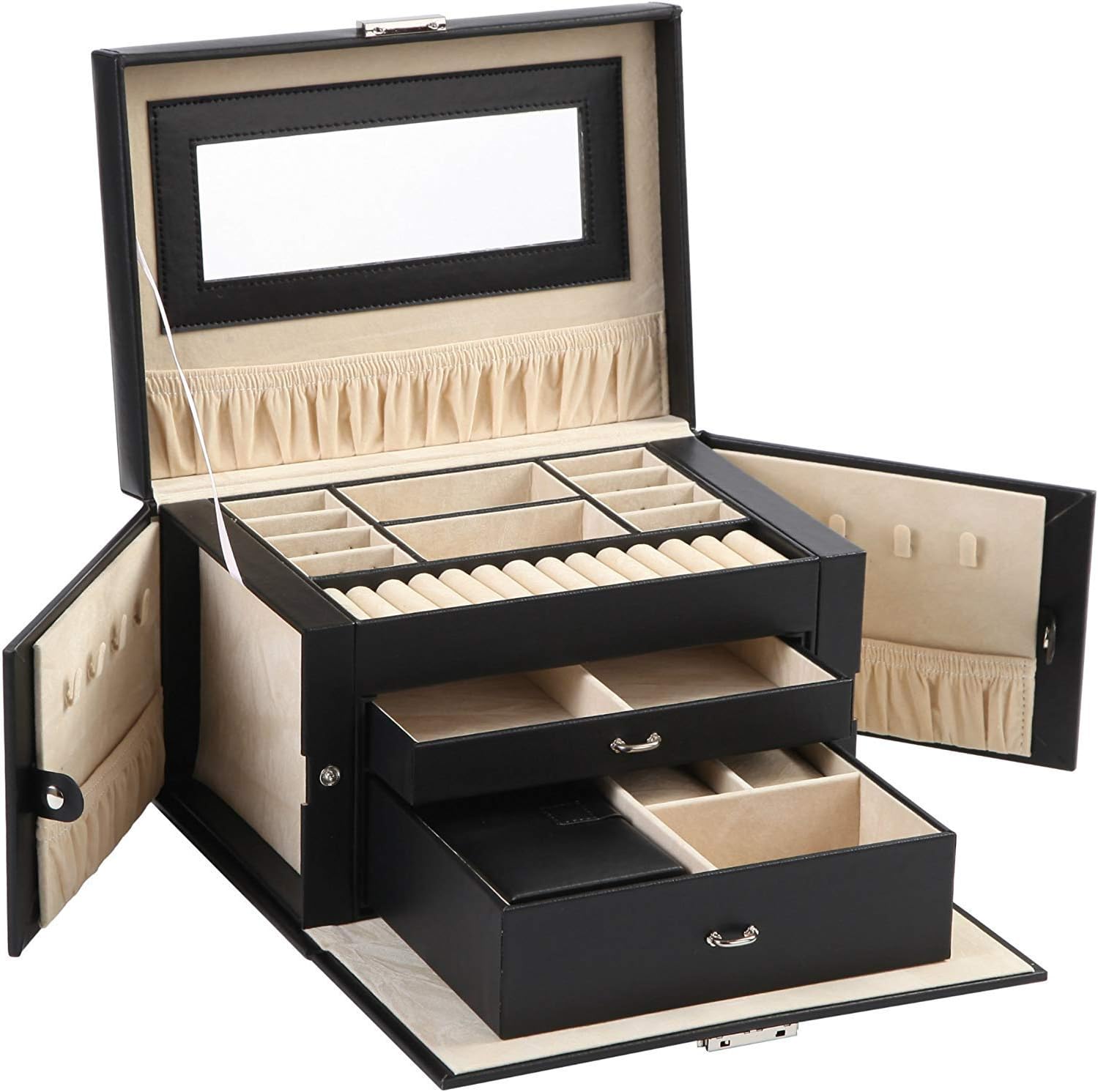 ABO Gear Box Jewelry Case Jewlery Organizers Storage with Lock, Black/Beige Pu Leather: Home & Kitchen