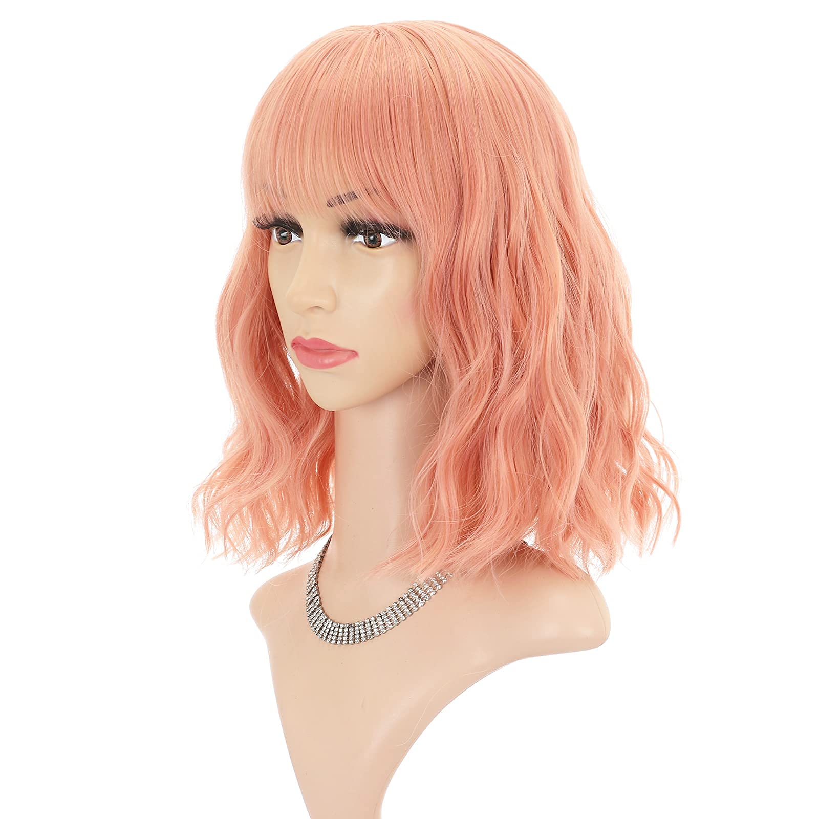 FAELBATY Pink Wave Bob Wig With Bangs Synthetic Cosplay Wig for Girl - Shoulder Length - Mixed Orange Pink (12")