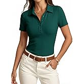 Dokotoo Women's Short Sleeve Ribbed Knit Polo Shirt V-Neck Button Down Slim Fit Stretchy Casual Tops