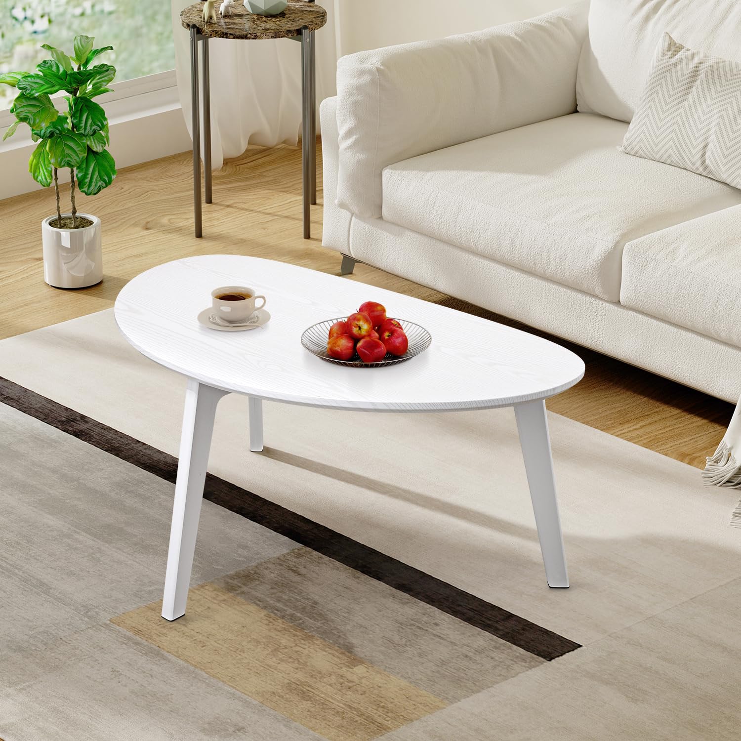WDSHIYI Oval Coffee Table Wood Mid Century Modern Coffee Tables Minimalist Farmhouse Style Chic for Living Room,Natural Wooden Texture,Unique Triangle Tabletop, White 85 * 48 * 40 CM