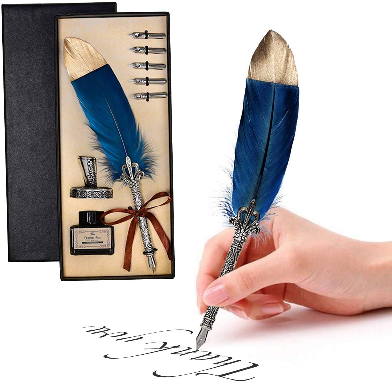 Handmade Quill Feather Pen Set - Antique Calligraphy Writing Quill with Ink, Feather Pen with Steel Tips - 6 Replacement Nibs (Navy Blue)