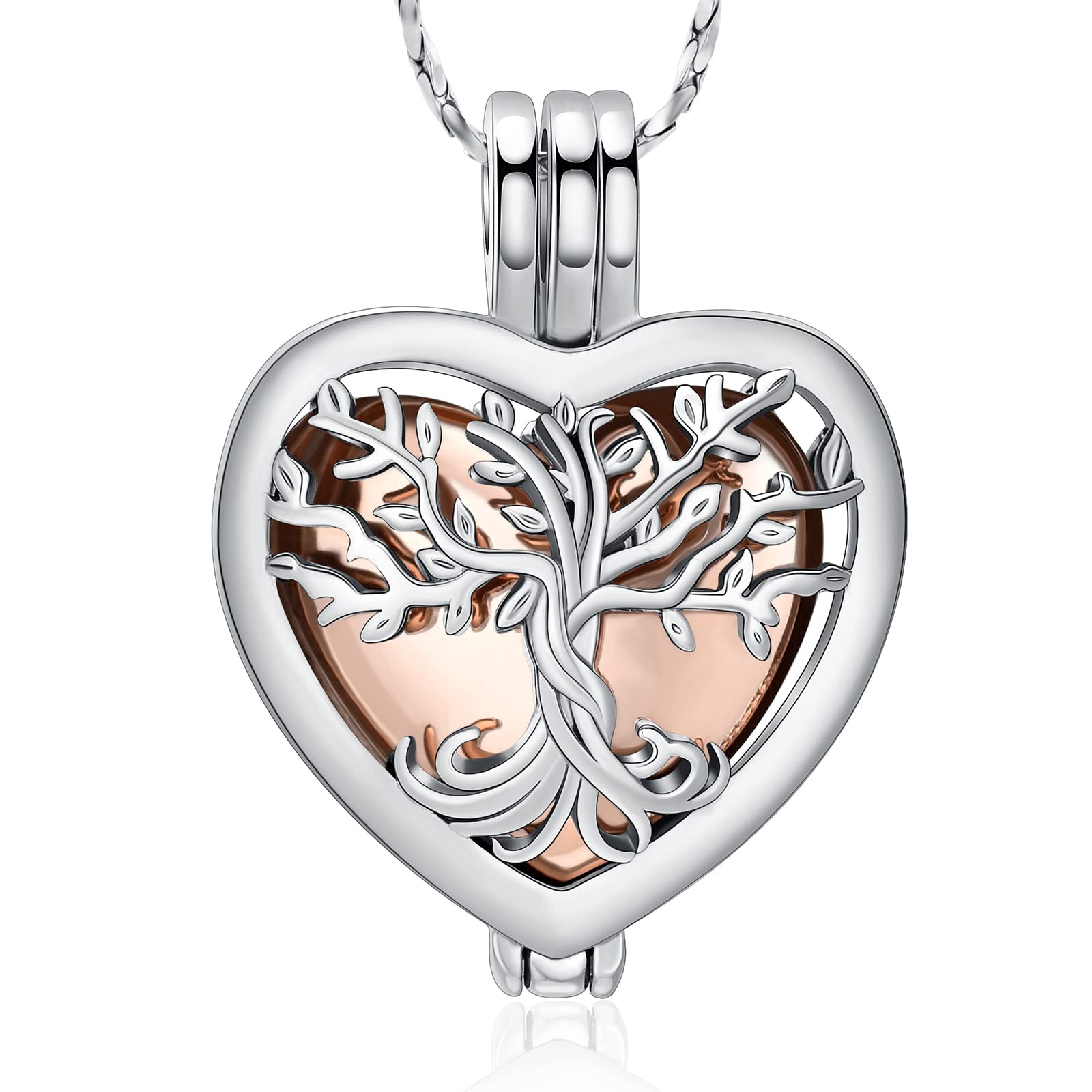 QGJNSGC Tree of Life Urn Necklaces for Ashes Heart Shape Cremation Jewelry Memorial Keepsake Jewelry Gifts for Women Men Memorial Lockets Ashes Holder for Pet (Silver-rose)