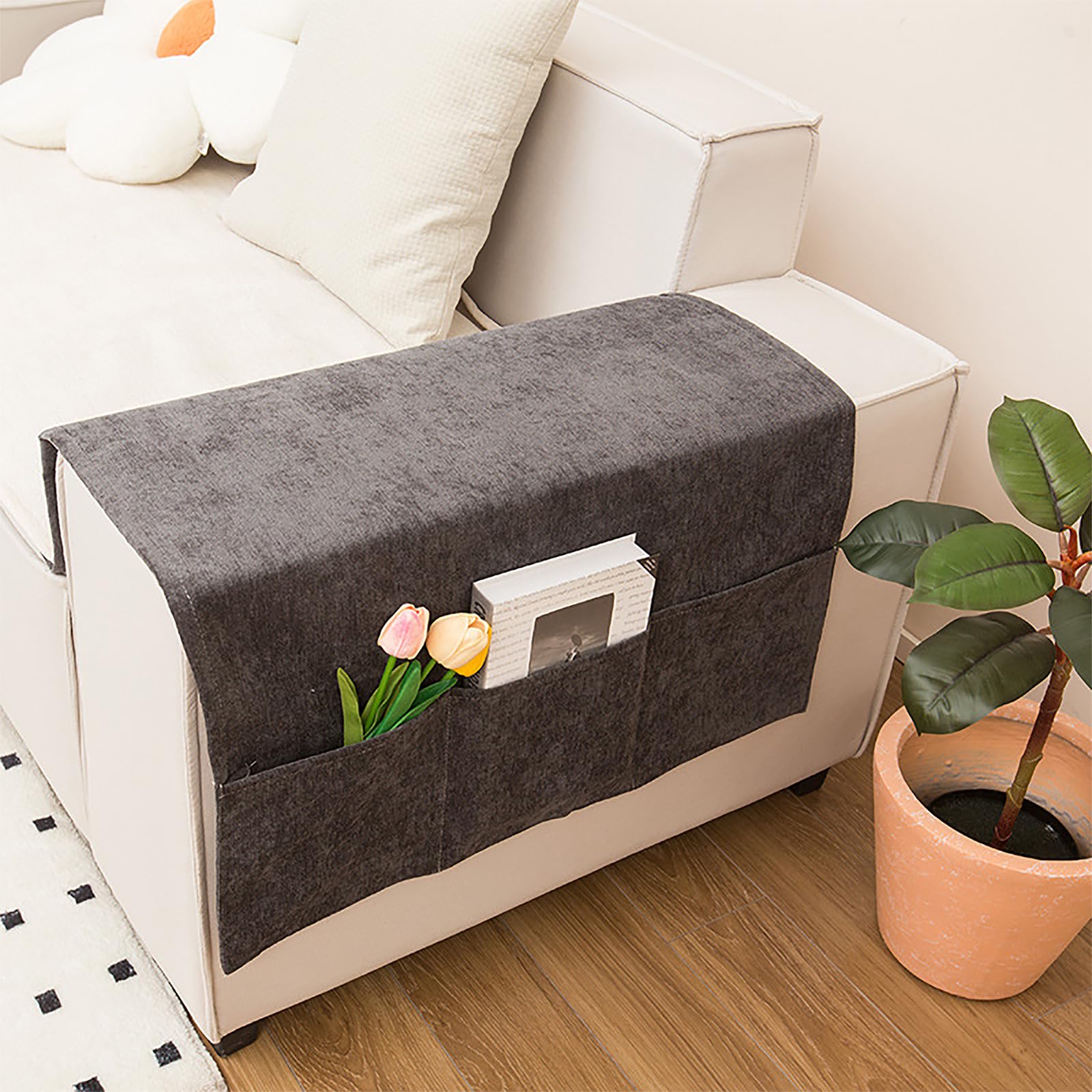 Sofa Arm Rest Organiser Hanging Sofa Caddy Storage Pocket Bag TV Remote Control Holder with 5 Pockets Armchairs Couch Organiser Phone Holder Foldable Pouch Chair Tidy Space Saver (Black Chenille)