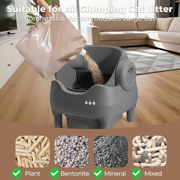 KITPLUS SELF CLEANING LITTER BOX, AUTOMATIC CAT LITTER BOX WITH APP CONTROL, ODOR-FREE WASTE DISPOSAL INCLUDES TRASH BAGS, LARGE WASTE BIN, OPEN-TOP, FOR MULTIPLE CATS