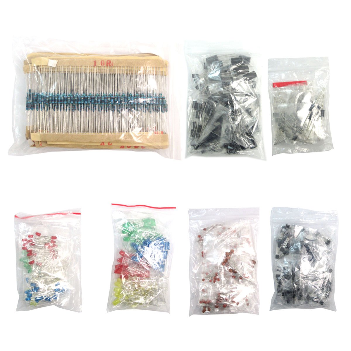 DollaTek Electronic Components Package(Total 1490 PCS) - LED Diodes, 30 Values Resistors,Electrolytic Capacitor Package, Ceramic Capacitors kit, Common Diodes, Common Transistor