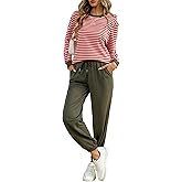 FIOPHY Women's Cozy 2 Piece Outfits Lounge Sets Striped Color Block Long Sleeve Tops Jogger Sweatpants Sweats Track Suits Set