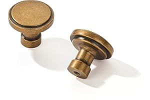 ZAUYX 10 Pack Antique Brass Cabinet Knobs 1-1/4 inch, Jasper Pulls Brushed Brass Solid Dresser Knobs Drawer Knobs Kitchen Cabinet Knobs Single Hole Knob for Cabinets and Drawers Round
