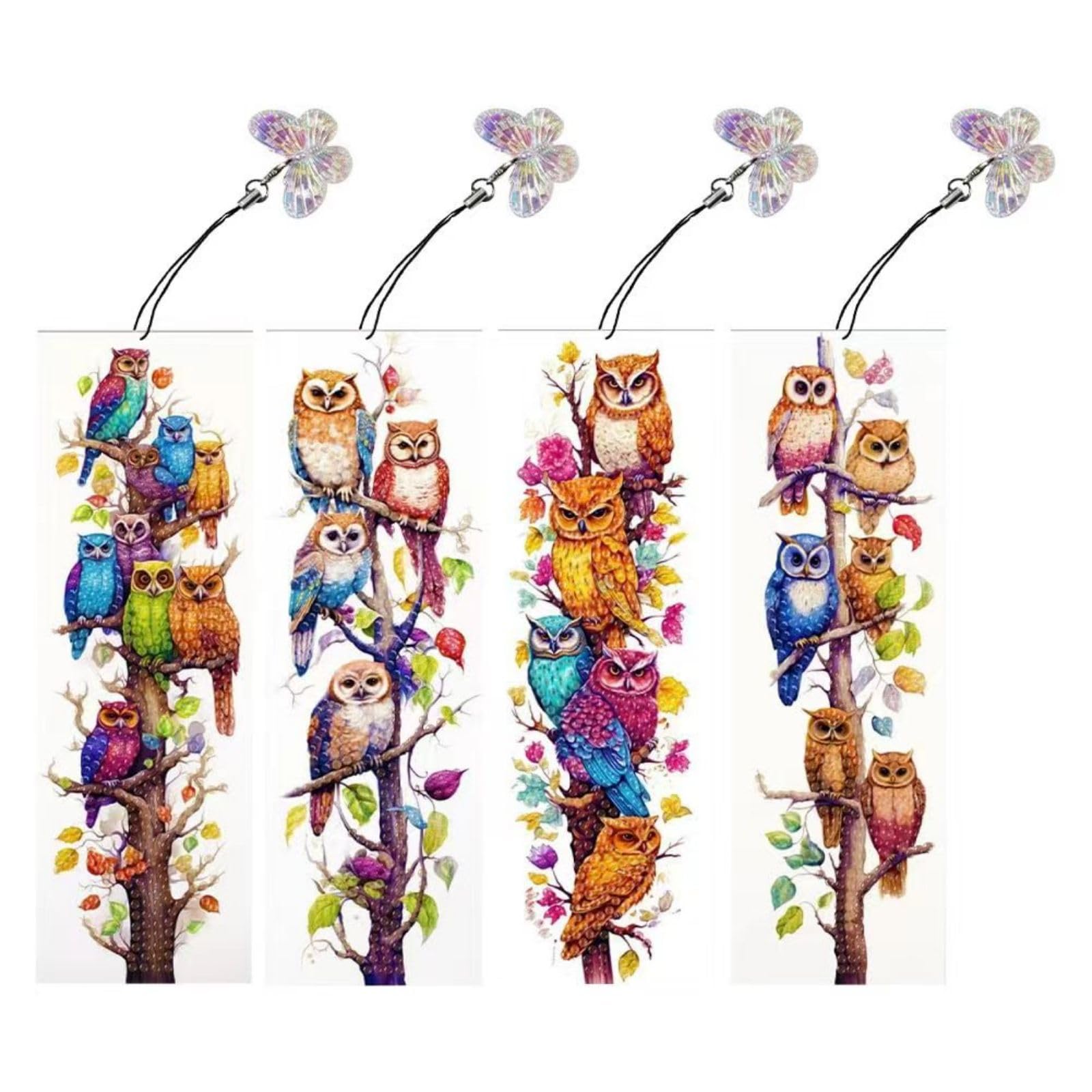 Lebartm 4Pcs DIY Diamond Art Painting Bookmarks with Colorful Butterfly Pendant PET Bookmark Ornament Double Sided Pattern Single Sided Diamond Book Marker Clip Gifts Tags-Owl