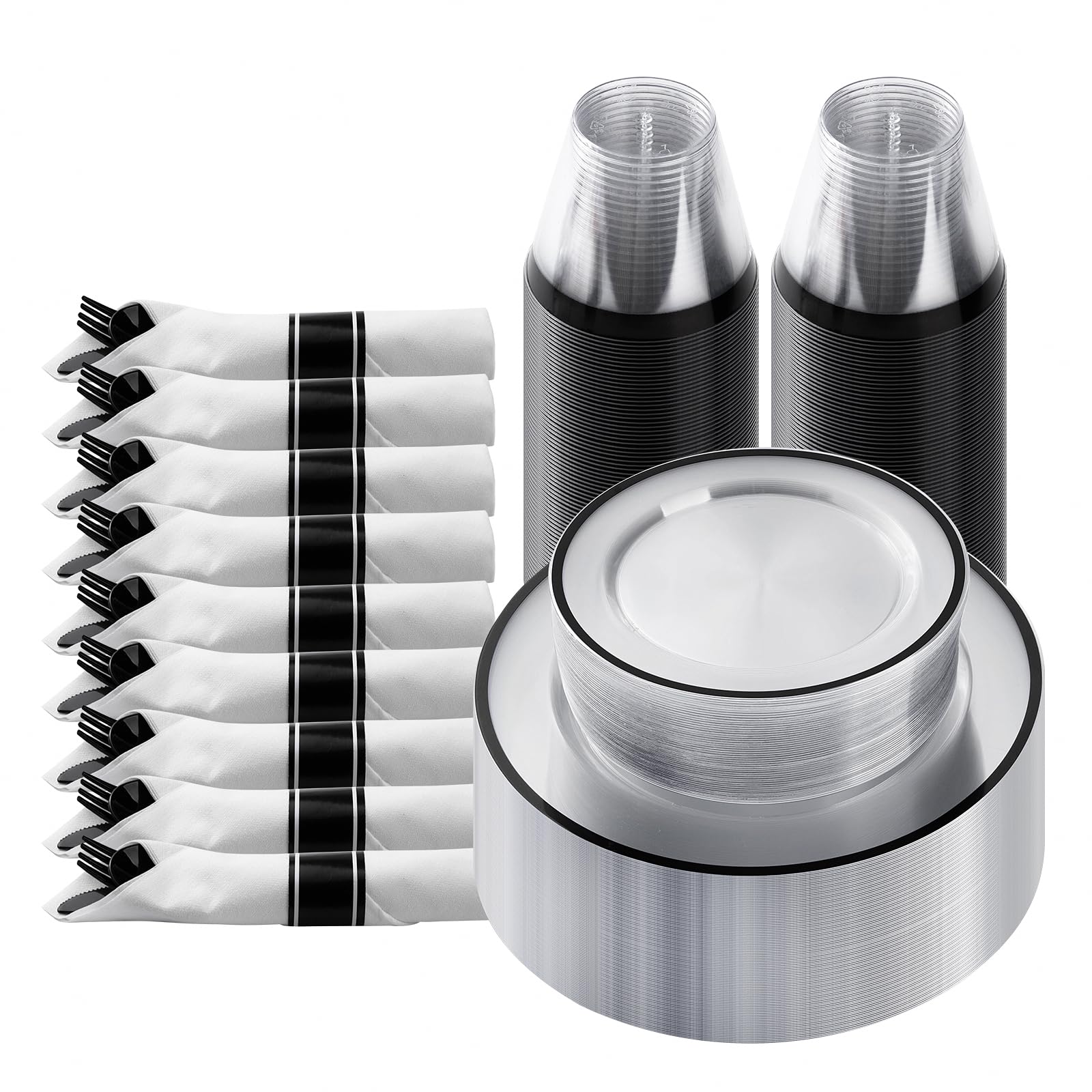 Photo 1 of Goodluck 175 Piece Black Plastic Dinnerware Set for Party, Clear Disposable Plates for 25 Guests, Include: 25 Dinner Plastic Plates, 25 Dessert Plates, 25 Pre Rolled Napkins with Cutlery Set, 25 Cups