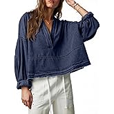 PLNOTME Womens Denim Tops Pullover Trendy Casual V Neck Loose Fit Puff Sleeve Jean Cotton Shirts