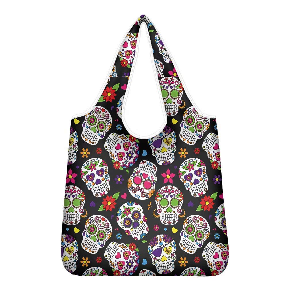 chaqlin Sugar Skull Print Eco Friendly Shopping Bags Women Ladies Outdoor Sport Camping Picnic Lunch Bags Foldable Large Capacity Reusable Grocery Bags