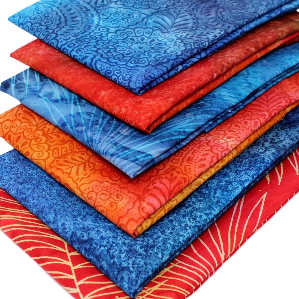 6 Fat Quarters Batik Bundle - Early Morning Blue and Orange Contrasting Fabrics. Ideal for Quilting and Crafting. 100% Cotton (Includes a Free Patchwork Pattern by Overdale Fabrics)